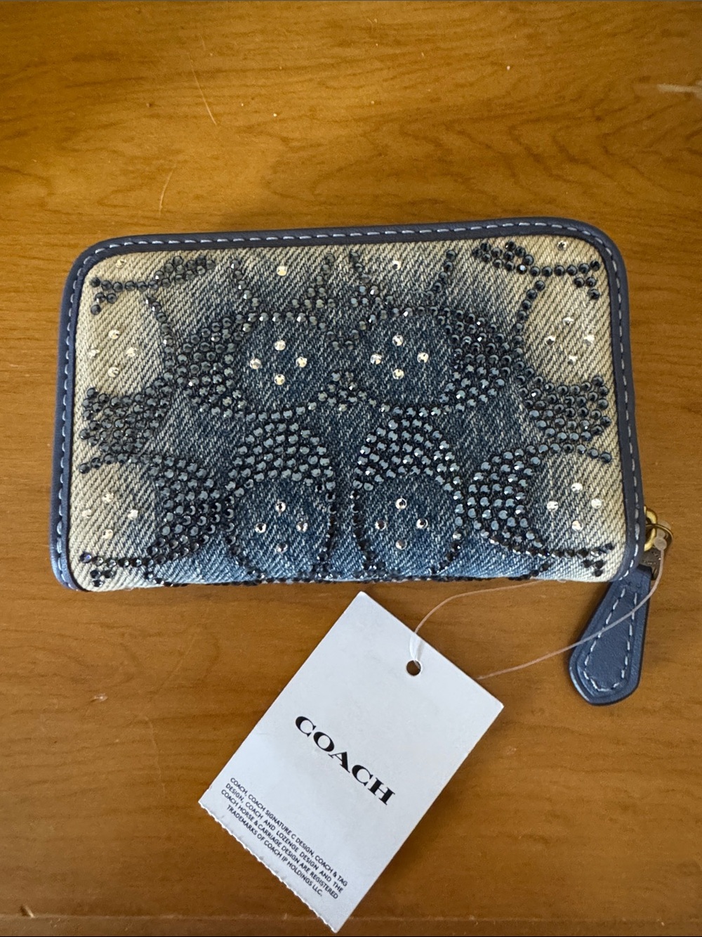 Coach Blue Denim Embellished Crystal Zip around Card Case
